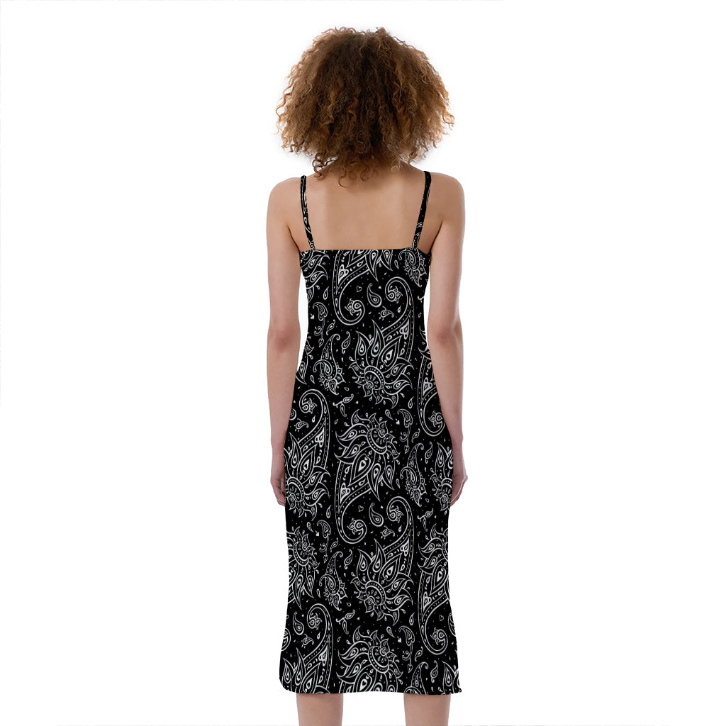 White And Black Paisley Pattern Print Slim Fit Midi Cami Dress
