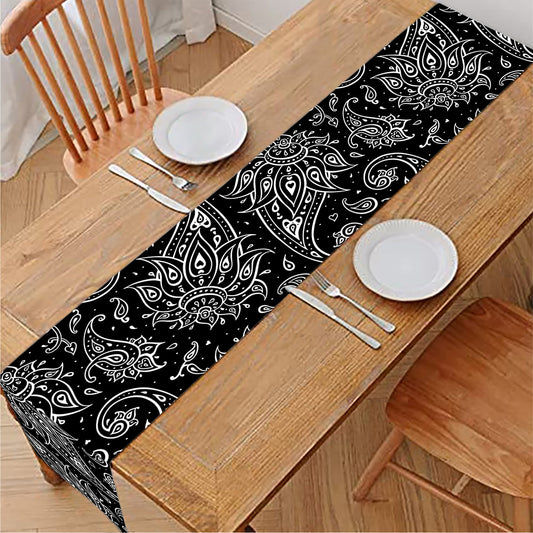 White And Black Paisley Pattern Print Table Runner