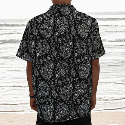 White And Black Paisley Pattern Print Textured Short Sleeve Shirt