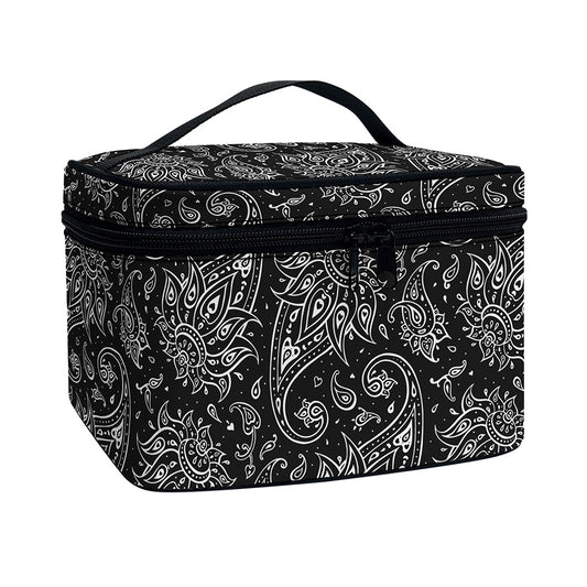 White And Black Paisley Pattern Print Travel Makeup Bag