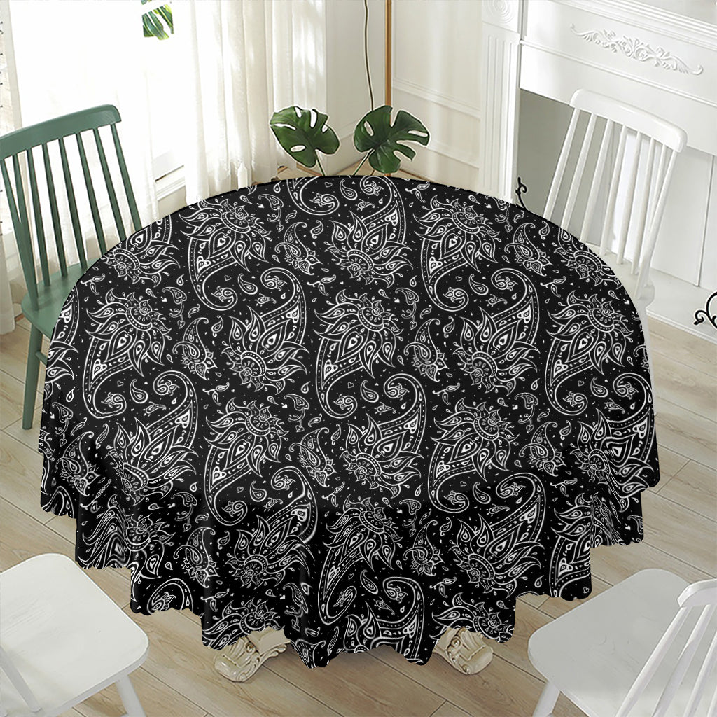 White And Black Paisley Pattern Print Waterproof Round Tablecloth