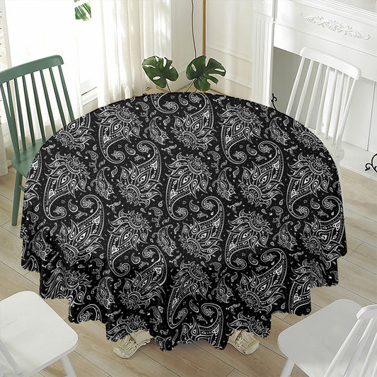 White And Black Paisley Pattern Print Waterproof Round Tablecloth