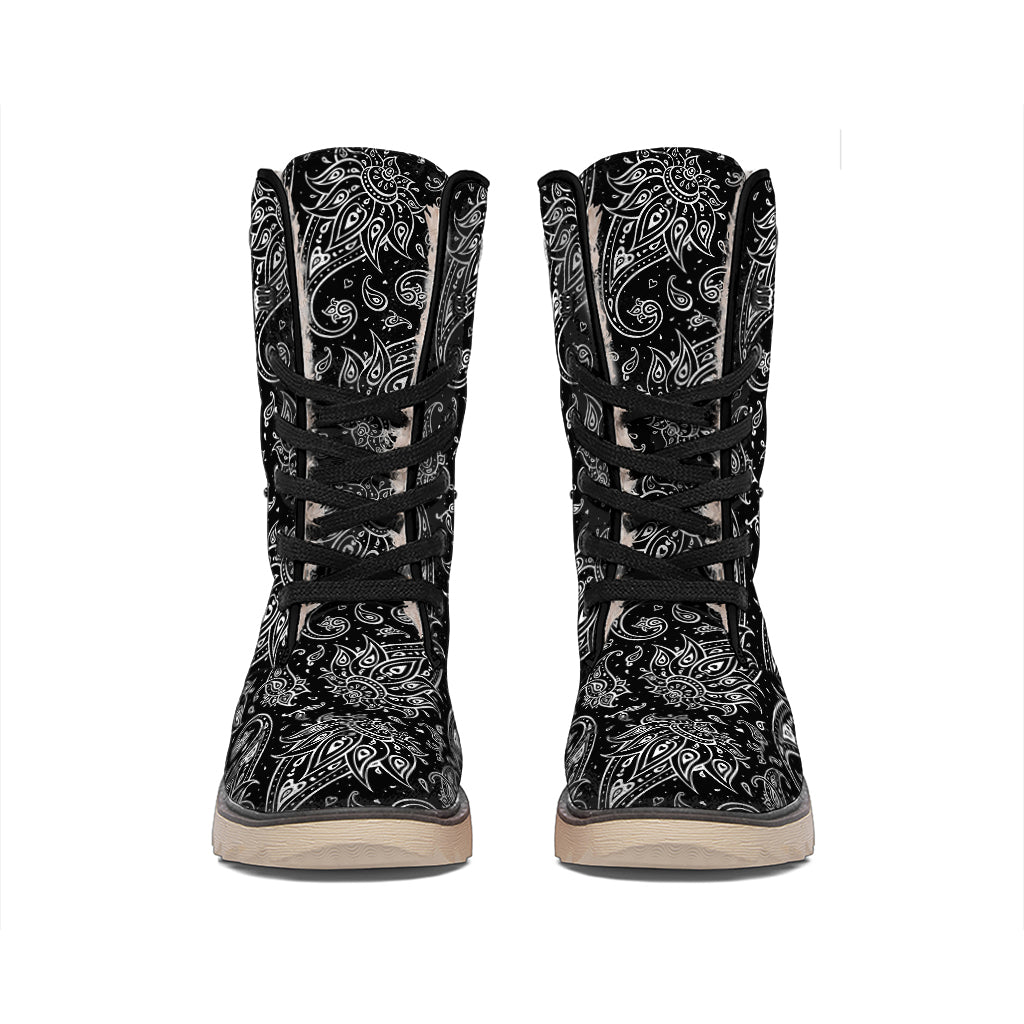 White And Black Paisley Pattern Print Winter Boots