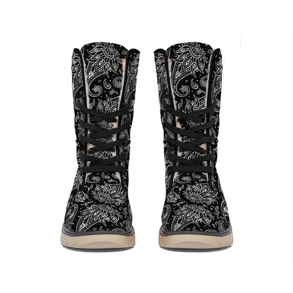 White And Black Paisley Pattern Print Winter Boots