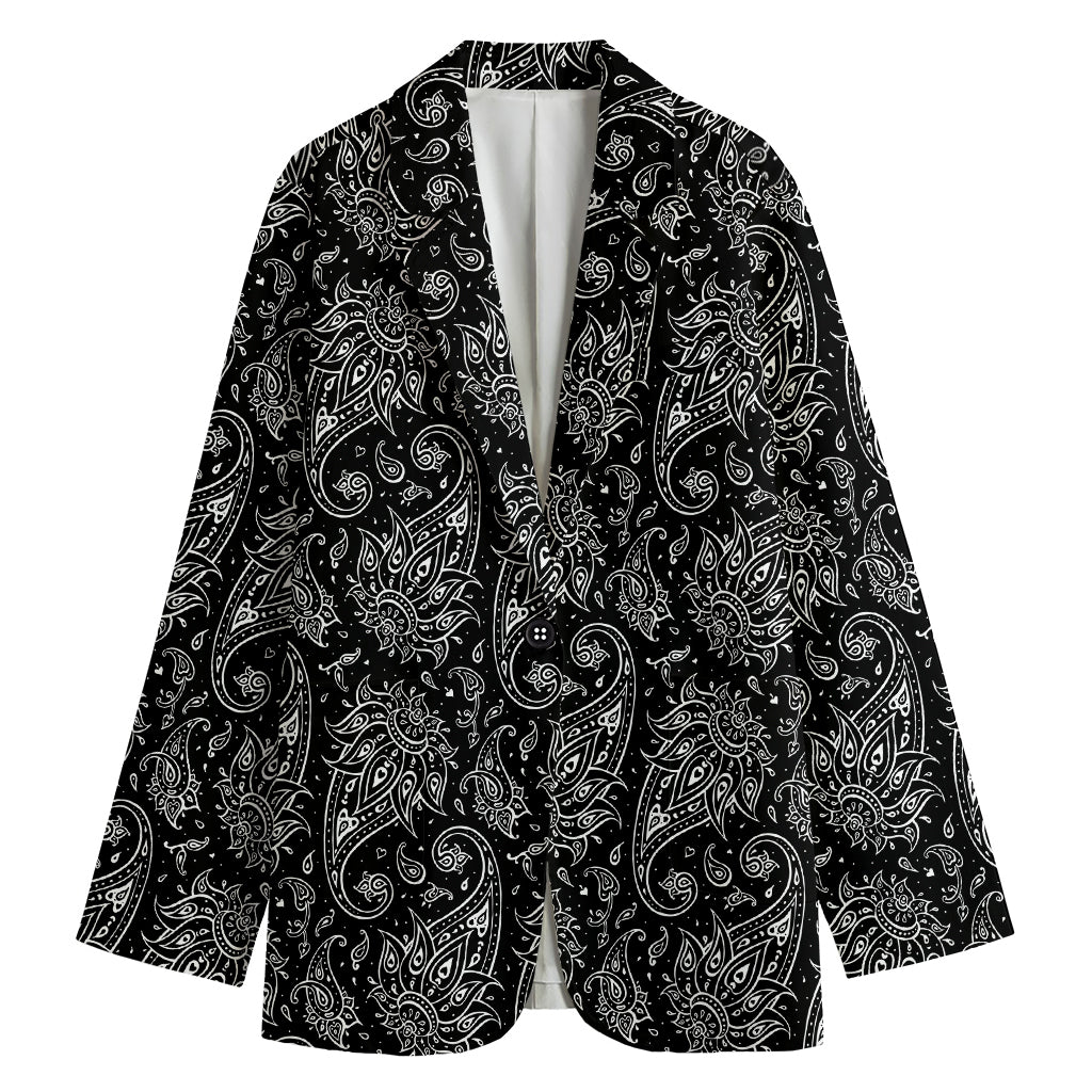 White And Black Paisley Pattern Print Women's Cotton Blazer