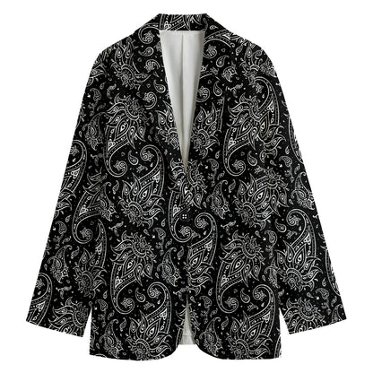White And Black Paisley Pattern Print Women's Cotton Blazer