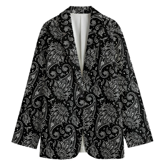 White And Black Paisley Pattern Print Women's Cotton Blazer