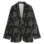 White And Black Paisley Pattern Print Women's Cotton Blazer
