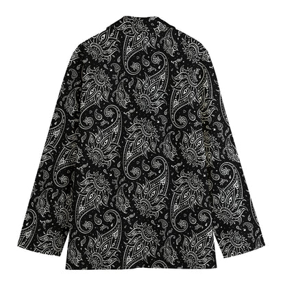 White And Black Paisley Pattern Print Women's Cotton Blazer