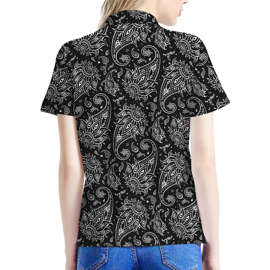 White And Black Paisley Pattern Print Women's Polo Shirt
