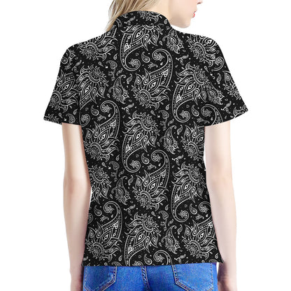 White And Black Paisley Pattern Print Women's Polo Shirt