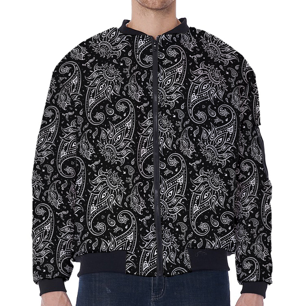 White And Black Paisley Pattern Print Zip Sleeve Bomber Jacket