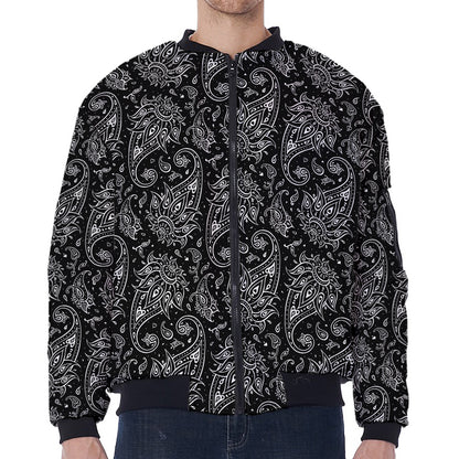 White And Black Paisley Pattern Print Zip Sleeve Bomber Jacket
