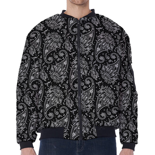 White And Black Paisley Pattern Print Zip Sleeve Bomber Jacket