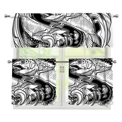 White And Black Pisces Sign Print 3 Piece Kitchen Curtains