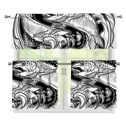 White And Black Pisces Sign Print 3 Piece Kitchen Curtains
