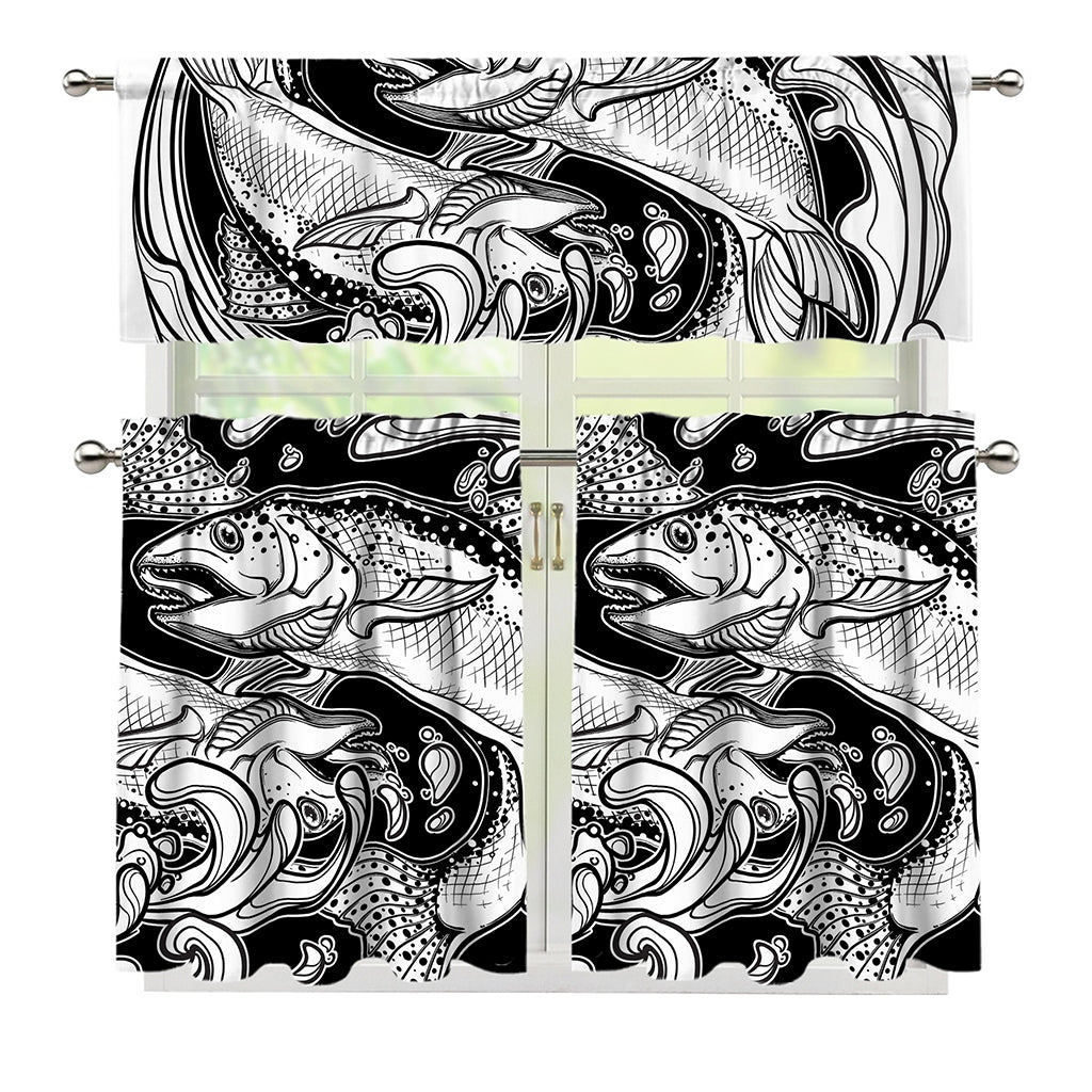 White And Black Pisces Sign Print 3 Piece Kitchen Curtains