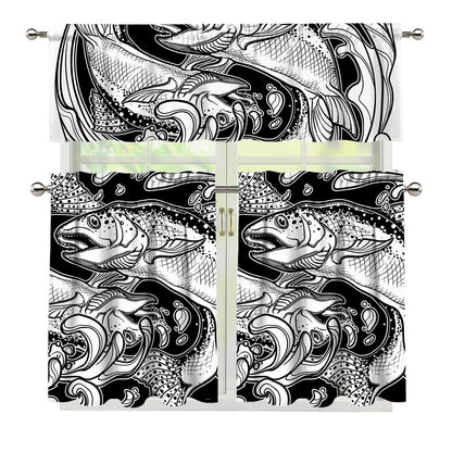 White And Black Pisces Sign Print 3 Piece Kitchen Curtains