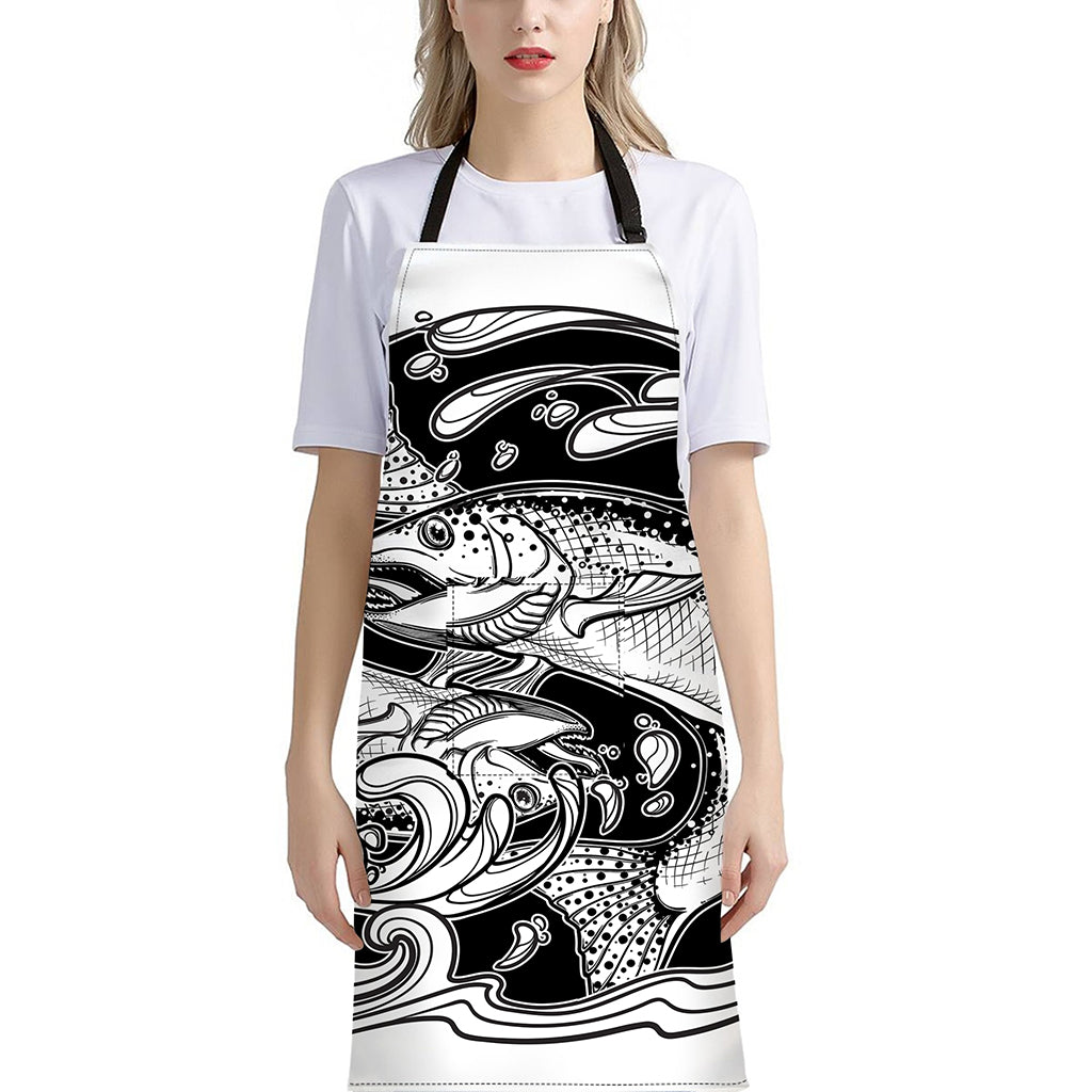 White And Black Pisces Sign Print Bib Apron With Pocket