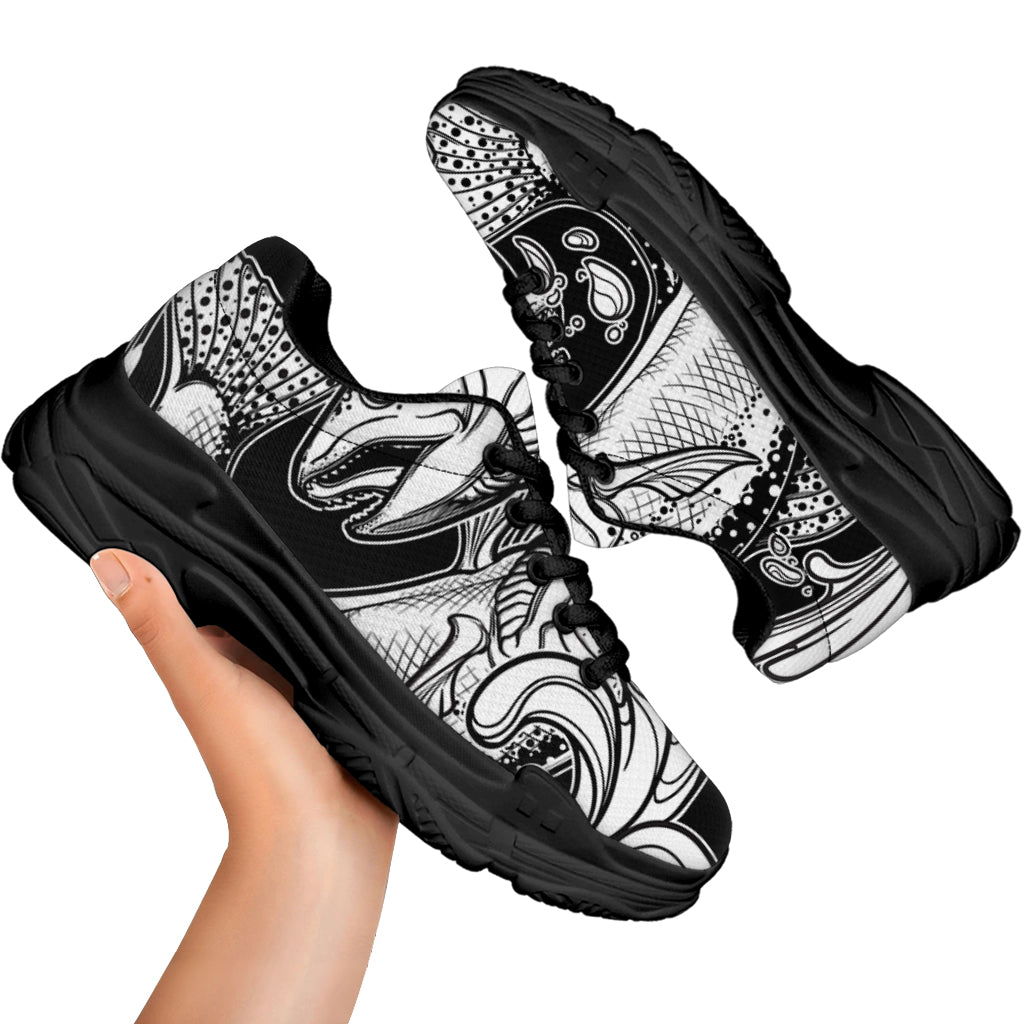 White And Black Pisces Sign Print Black Chunky Shoes