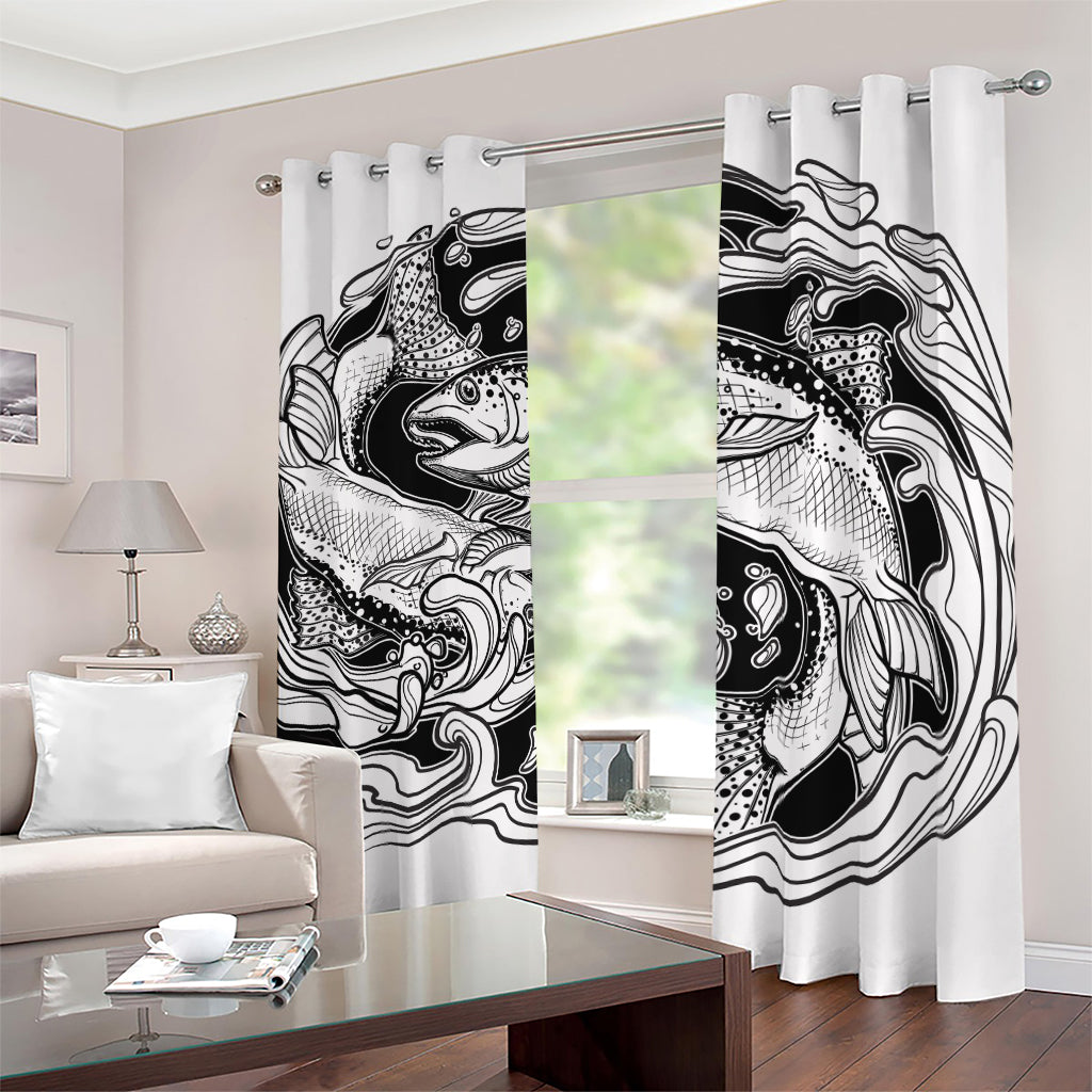 White And Black Pisces Sign Print Blackout Grommet Curtains