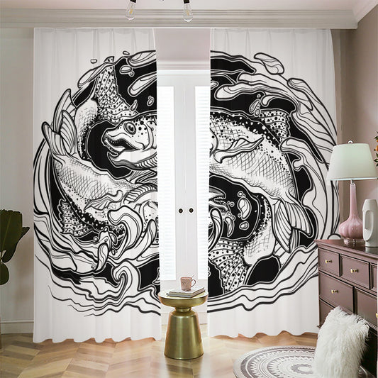 White And Black Pisces Sign Print Blackout Pencil Pleat Curtains