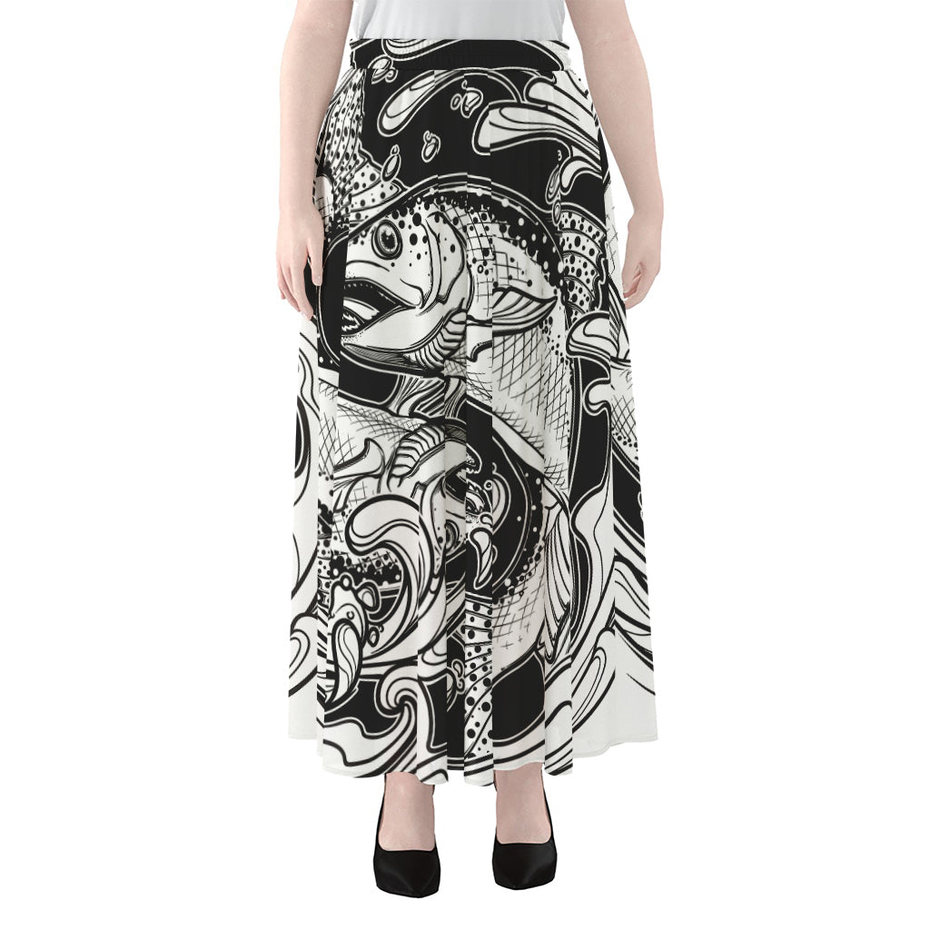 White And Black Pisces Sign Print Chiffon Maxi Skirt