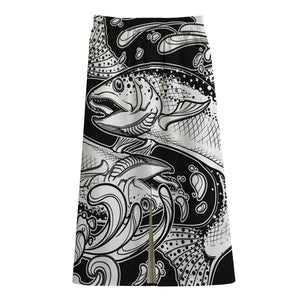 White And Black Pisces Sign Print Cotton Front Slit Maxi Skirt