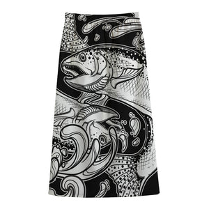 White And Black Pisces Sign Print Cotton Front Slit Maxi Skirt