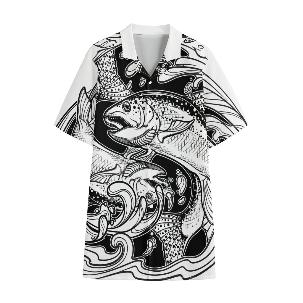White And Black Pisces Sign Print Cotton Hawaiian Shirt