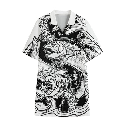 White And Black Pisces Sign Print Cotton Hawaiian Shirt