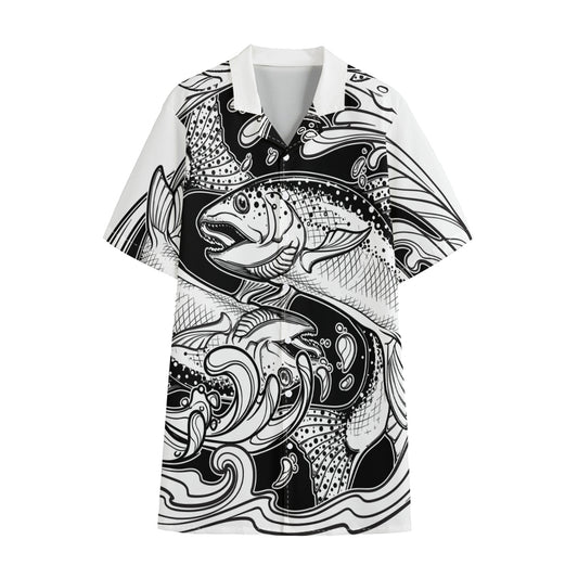 White And Black Pisces Sign Print Cotton Hawaiian Shirt