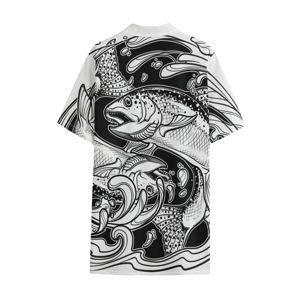 White And Black Pisces Sign Print Cotton Hawaiian Shirt