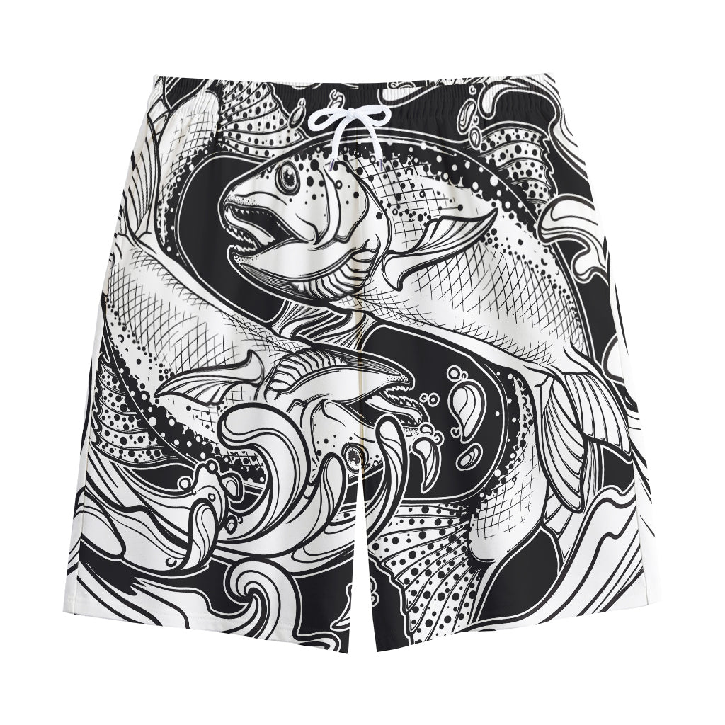 White And Black Pisces Sign Print Cotton Shorts