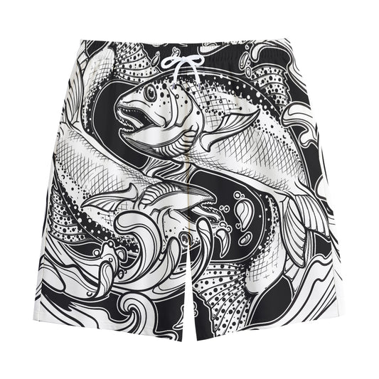 White And Black Pisces Sign Print Cotton Shorts