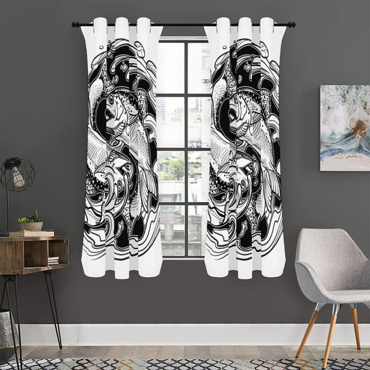 White And Black Pisces Sign Print Curtain