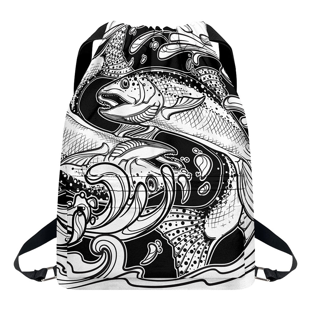 White And Black Pisces Sign Print Drawstring Backpack