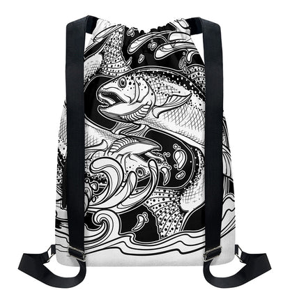 White And Black Pisces Sign Print Drawstring Backpack