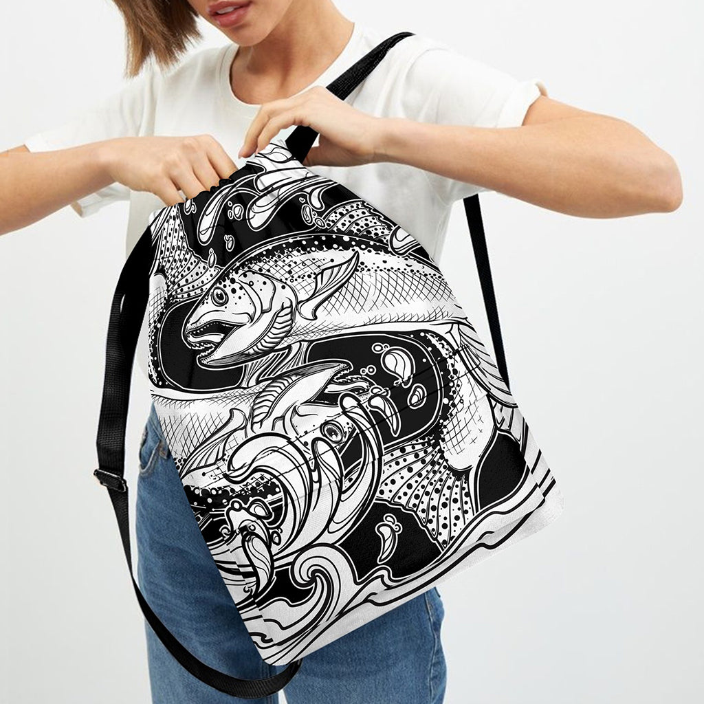 White And Black Pisces Sign Print Drawstring Backpack