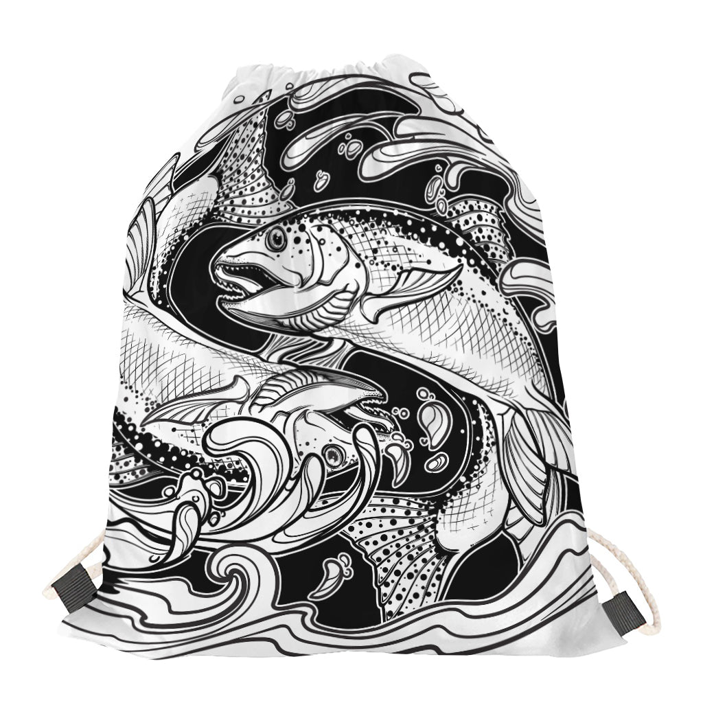 White And Black Pisces Sign Print Drawstring Bag
