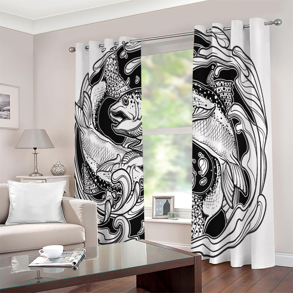 White And Black Pisces Sign Print Extra Wide Grommet Curtains