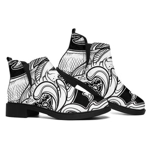 White And Black Pisces Sign Print Flat Ankle Boots