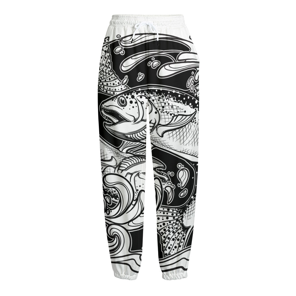 White And Black Pisces Sign Print Fleece Lined Knit Pants