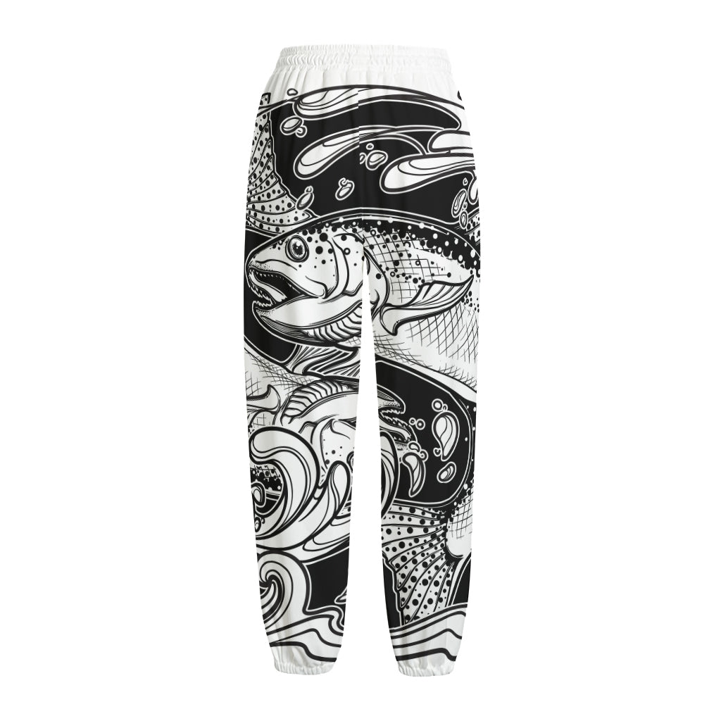 White And Black Pisces Sign Print Fleece Lined Knit Pants