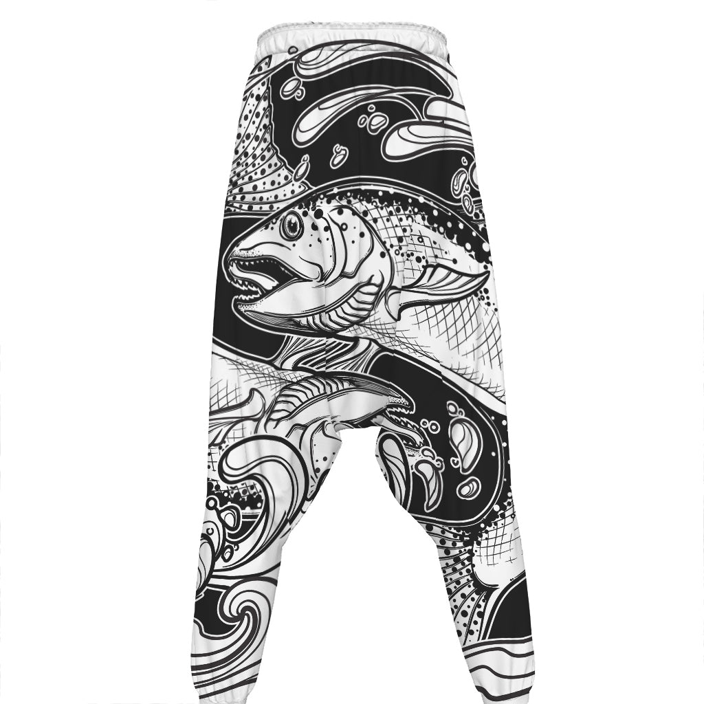 White And Black Pisces Sign Print Hammer Pants