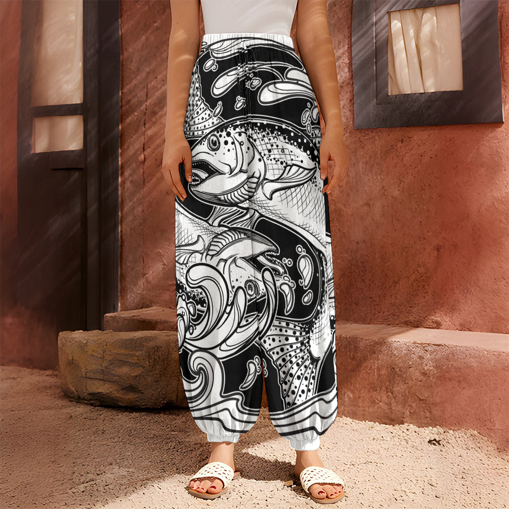 White And Black Pisces Sign Print Harem Pants