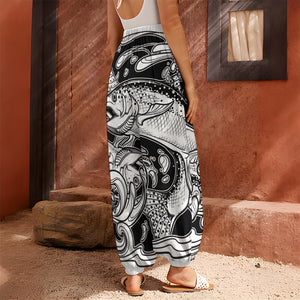 White And Black Pisces Sign Print Harem Pants