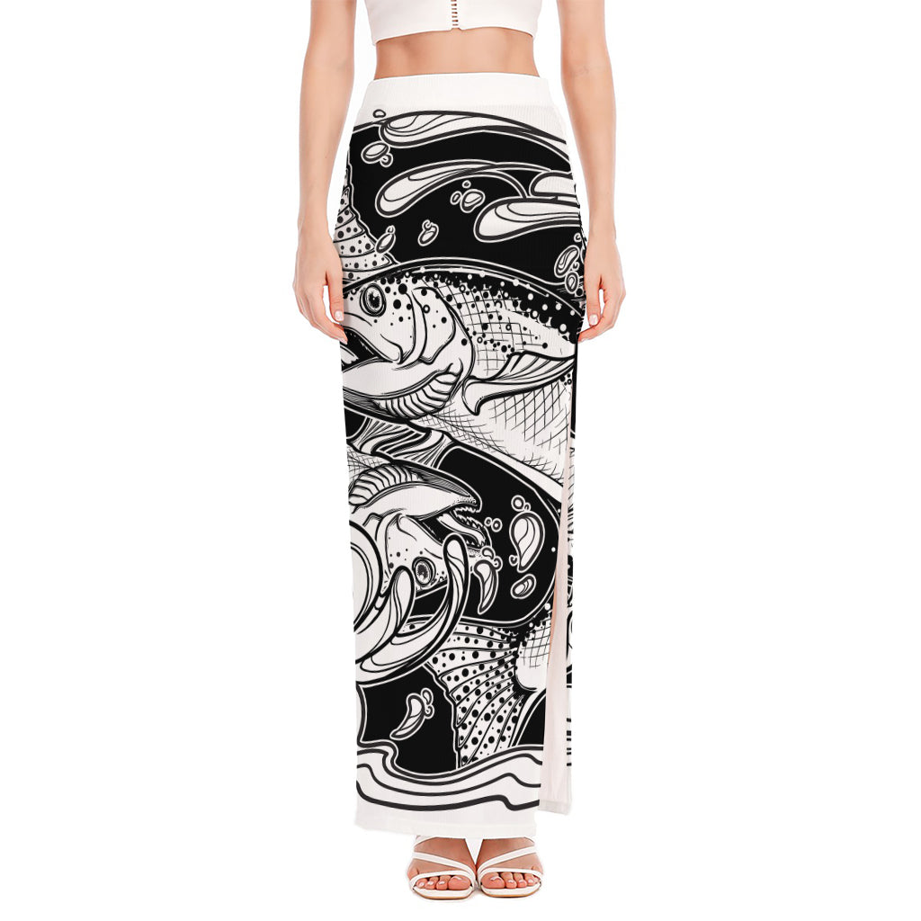 White And Black Pisces Sign Print High Slit Maxi Skirt