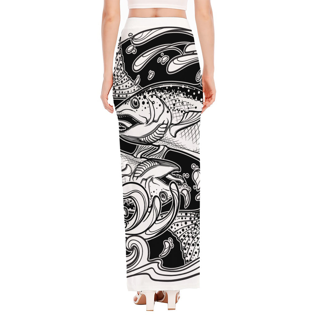 White And Black Pisces Sign Print High Slit Maxi Skirt