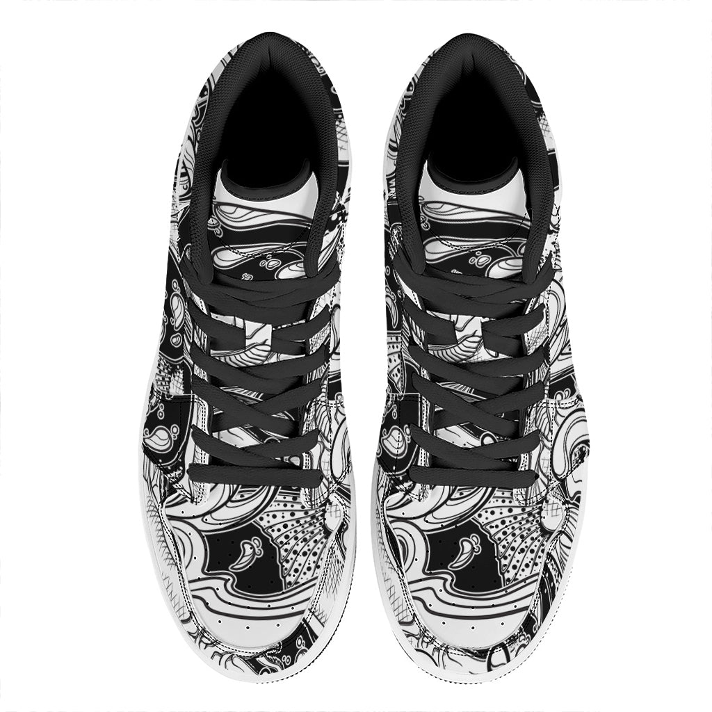 White And Black Pisces Sign Print High Top Leather Sneakers